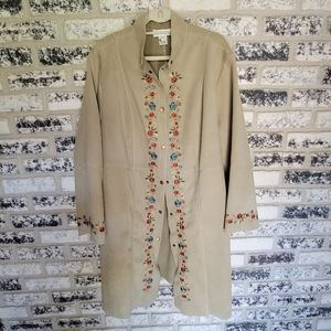 Susan Bristol Trench Coat Embroidered Floral Olive Brown Color Women's 3X 24 26